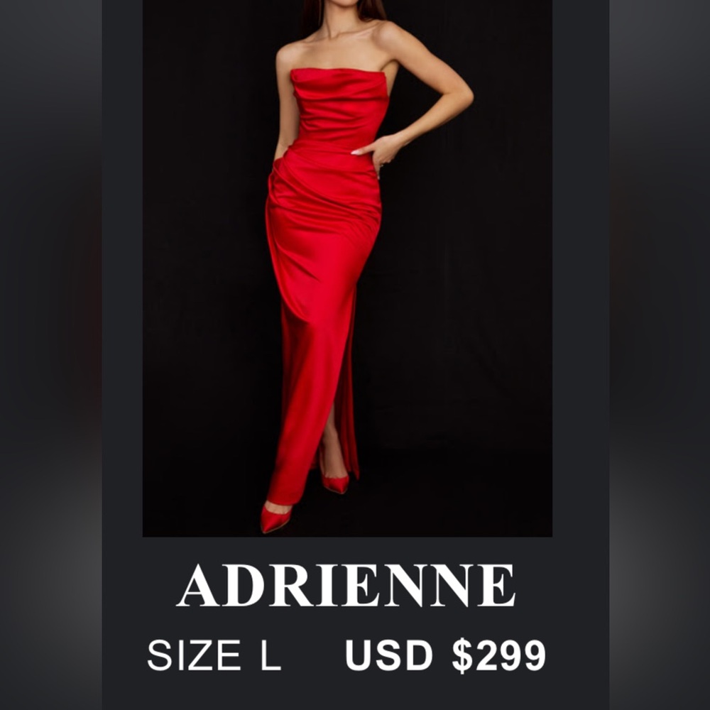 Strapless Red Gathered Satin Gown - House of CB - Size L